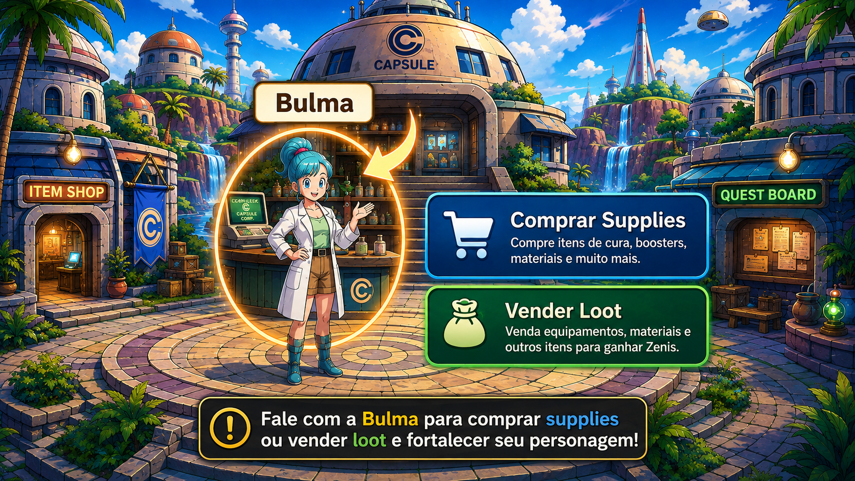 Guia visual mostrando a Bulma e as opções Comprar Supplies e Vender Loot